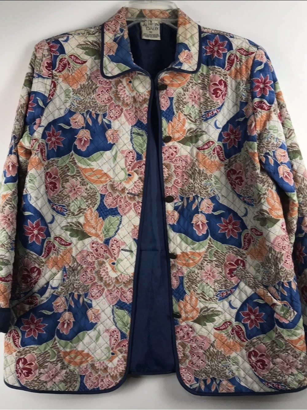 Allison Daley Quilted Lined Floral Pattern Blue Trim Jacket 16W Fall Lightweight